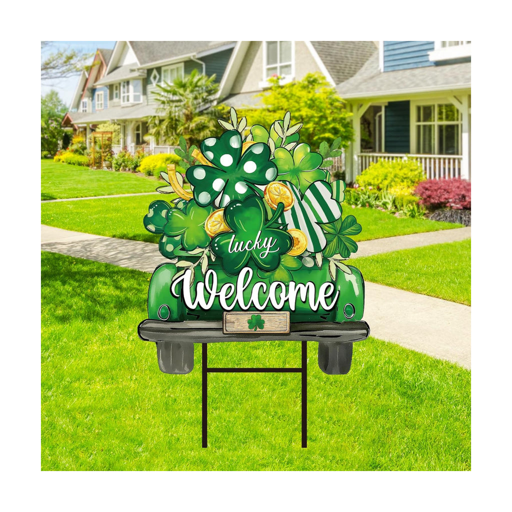 JarThenaAMCS St. Patrick' s Day Metal Garden Stake Welcome Yard Sign Green Shamrock Clover Truck Decorative Lawn Sign for Irish Holiday Home Outside Lawn Porch Walkway Pathway