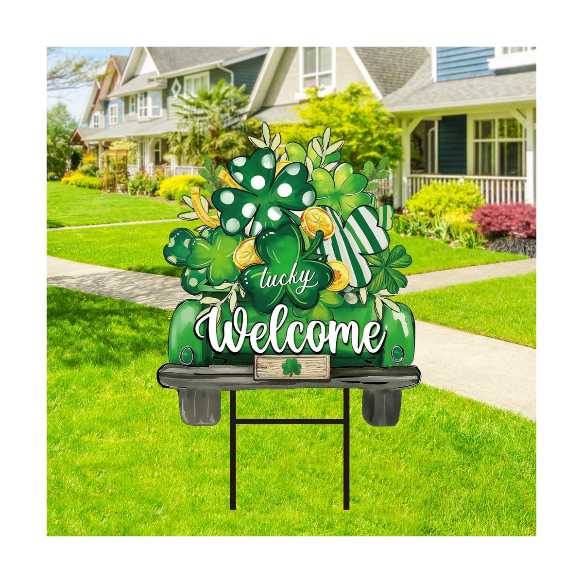 JarThenaAMCS St. Patrick' s Day Metal Garden Stake Welcome Yard Sign Green Shamrock Clover Truck Decorative Lawn Sign for Irish Holiday Home Outside Lawn Porch Walkway Pathway