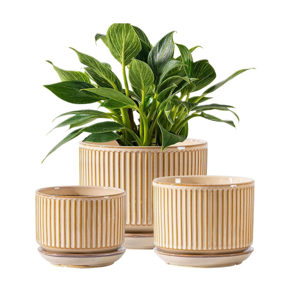 SURE YUESI Ceramic Plant Pots Set of 3, Indoor Outdoor Planters with Drainage Hole and Saucer, Ceramic Flower Pots for