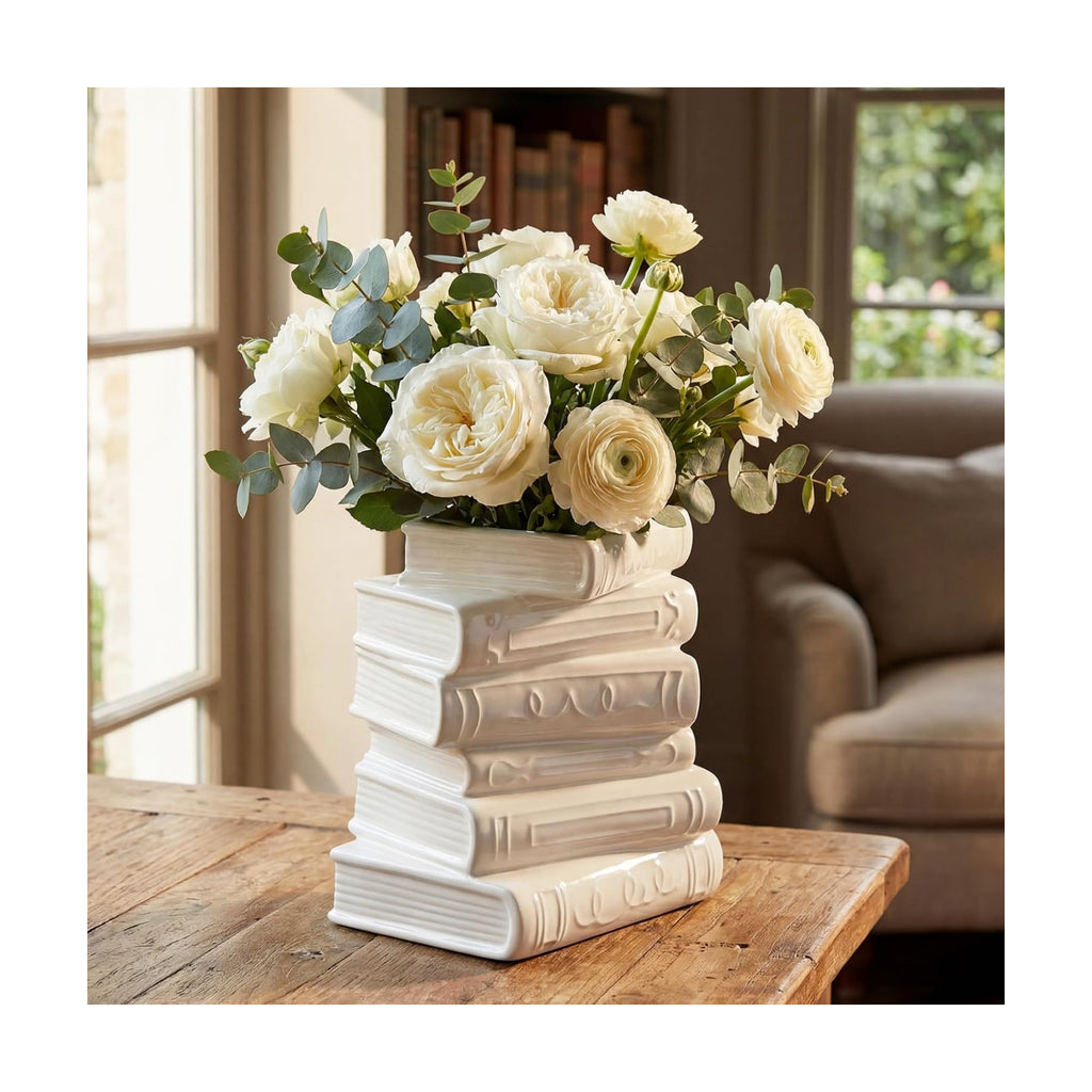 Ceramic Book Shaped Vase for Flowers 7" x 5.9" x 4.1", White