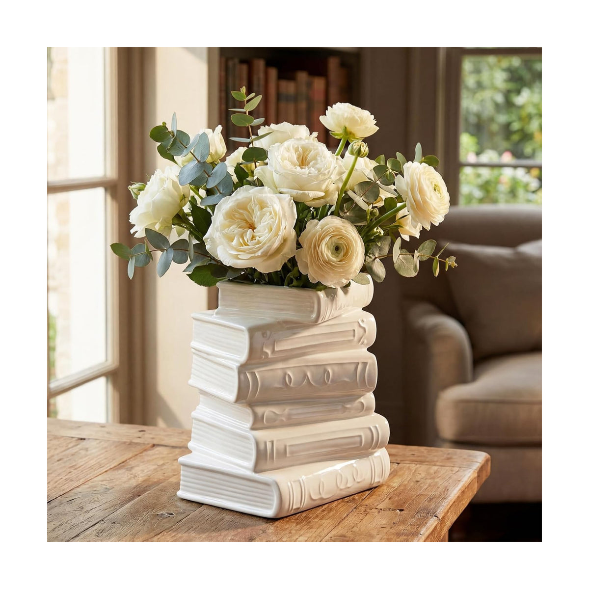 Ceramic Book Shaped Vase for Flowers 7" x 5.9" x 4.1", White