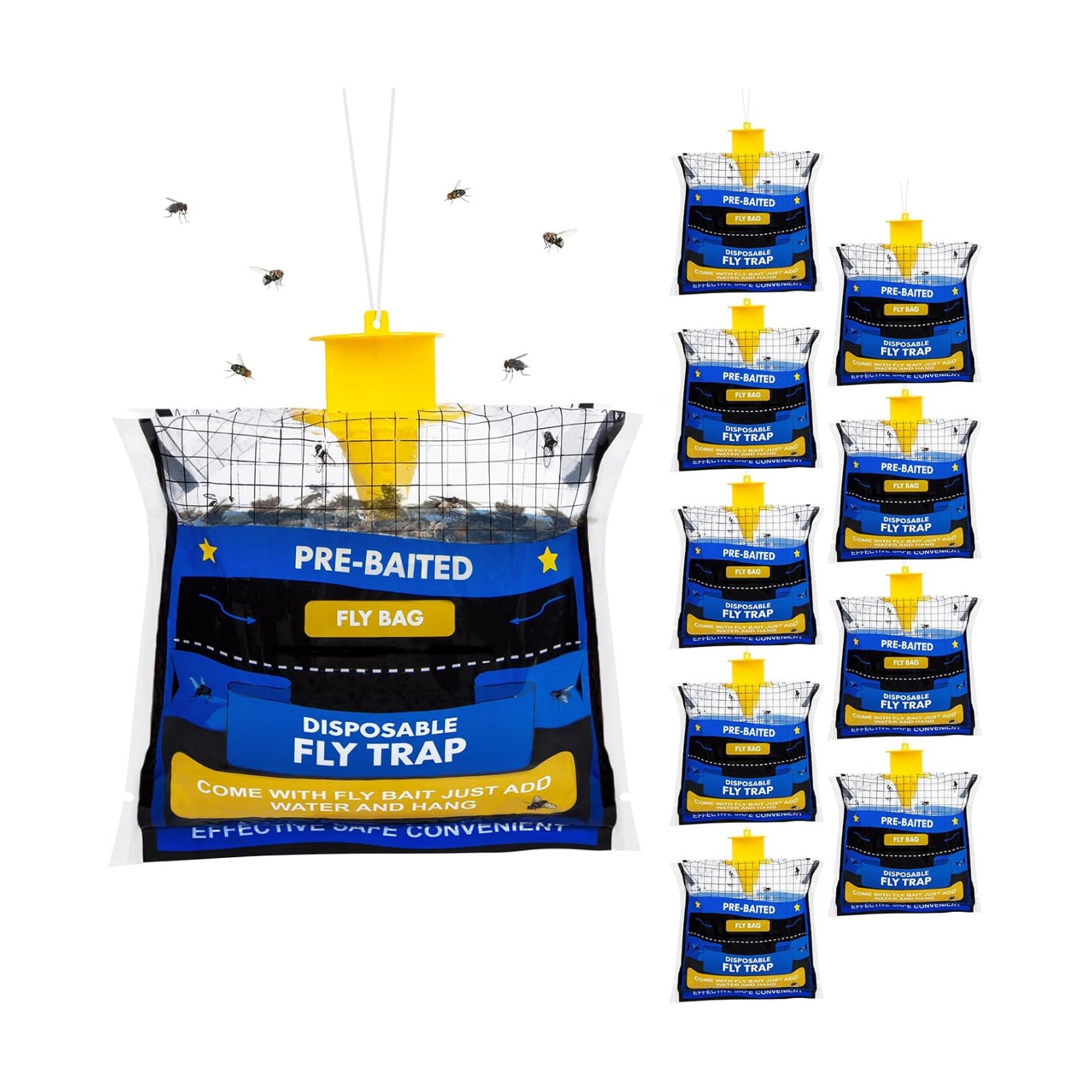 10 Pack Pre-Baited Fly Traps Outdoor Fly Bags for Patio Farm Ranch | 30g Dissolvable Bait Fly Hunter for Flying