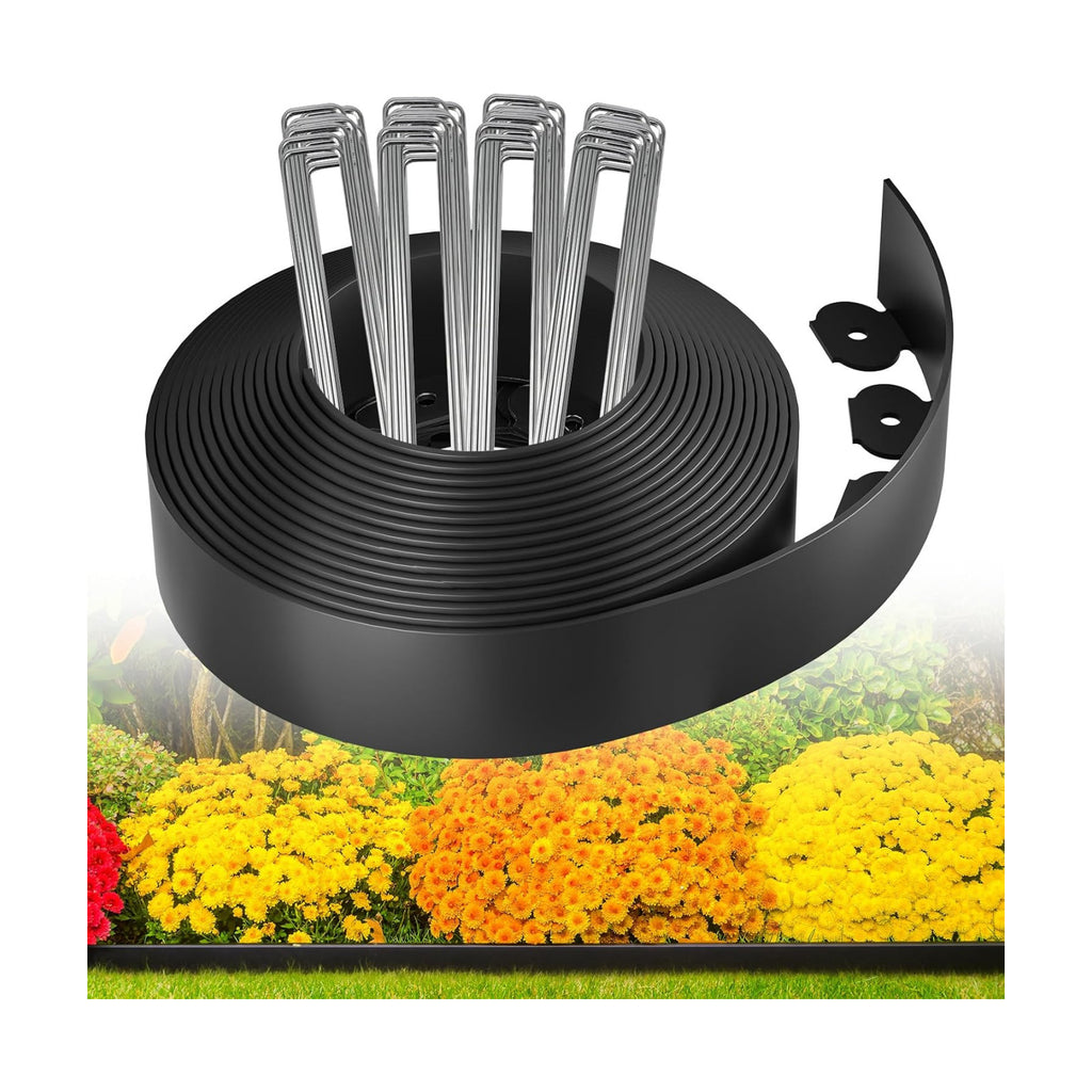 MIXC Garden Edging Border, 33FT 2 Inch Tall Plastic Landscape Edging with 50 U-Shaped Metal Stakes, More Stable and
