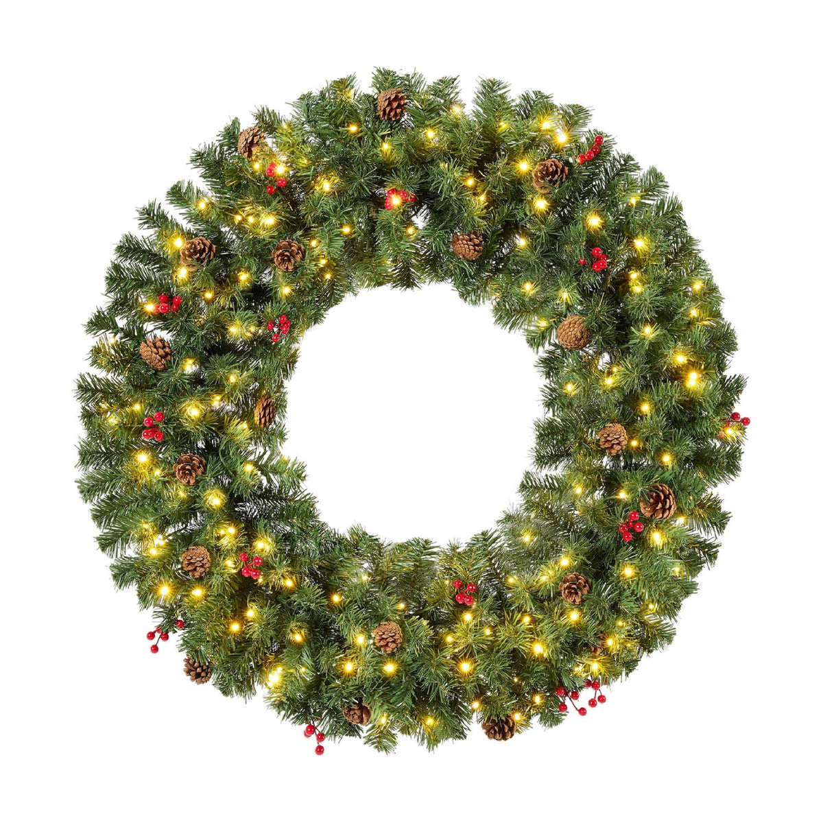 Best Choice Products 48in Pre-Lit Christmas Wreath w/Berries & Pinecones, Large Artificial Indoor/Outdoor Decor for Door, Mantel, Plug-in