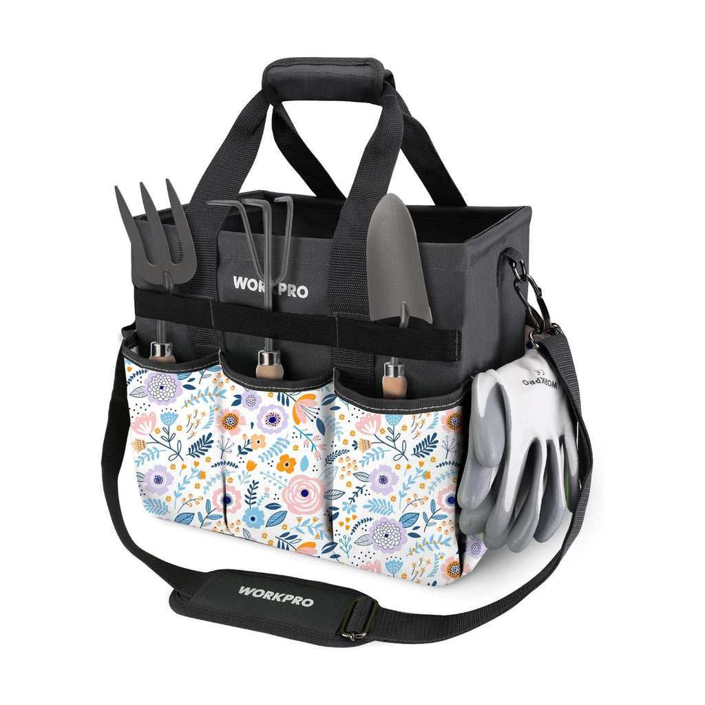 WORKPRO Garden Tool Bag, 10 Pockets and Shoulder Strap, Floral White | Heavy Duty Gardening Organizer Tote Bag