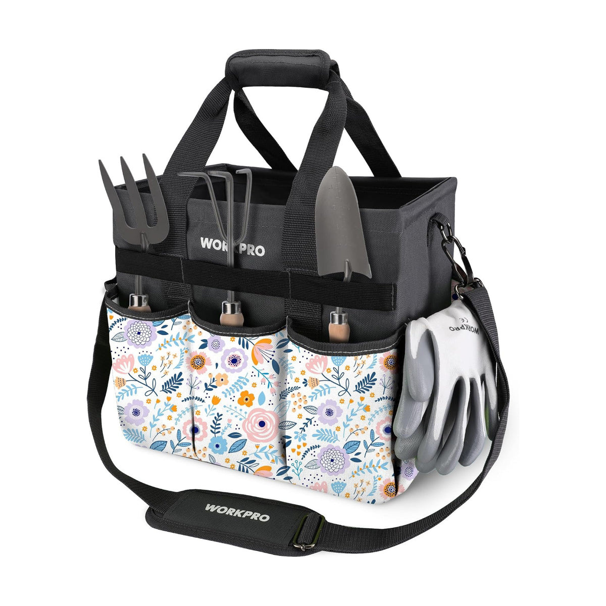WORKPRO Garden Tool Bag, 10 Pockets and Shoulder Strap, Floral White | Heavy Duty Gardening Organizer Tote Bag