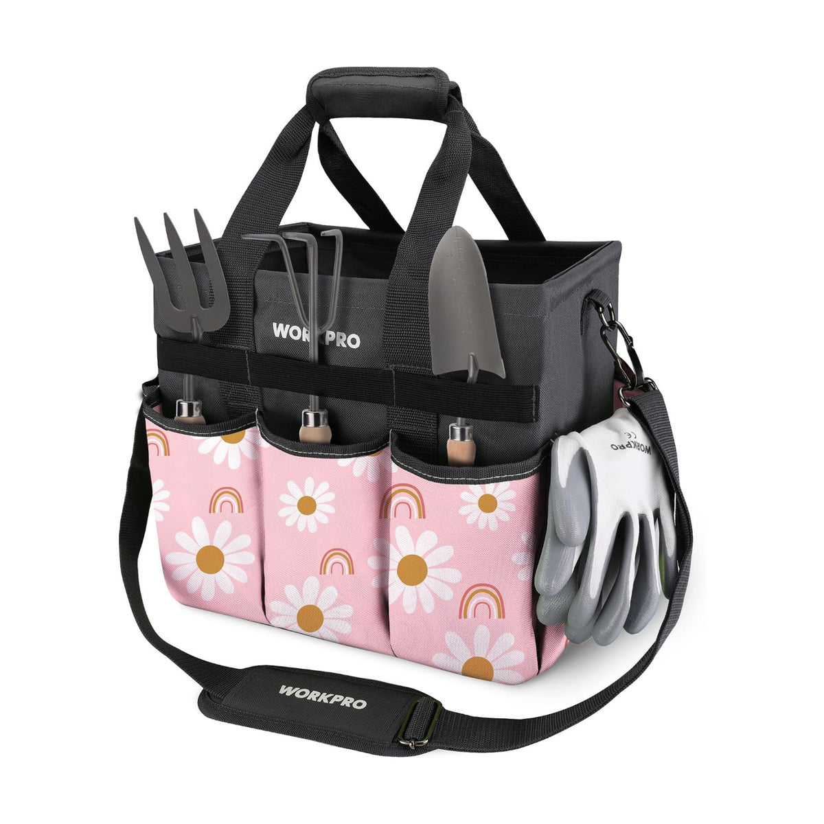WORKPRO Garden Tool Bag, 10 Pockets and Shoulder Strap, Floral Pink | Heavy Duty Gardening Organizer Tote Bag Standable