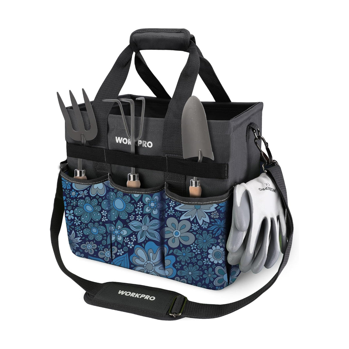 WORKPRO Garden Tool Bag, 10 Pockets and Shoulder Strap, Floral Blue | Heavy Duty Gardening Organizer Tote Bag Standable