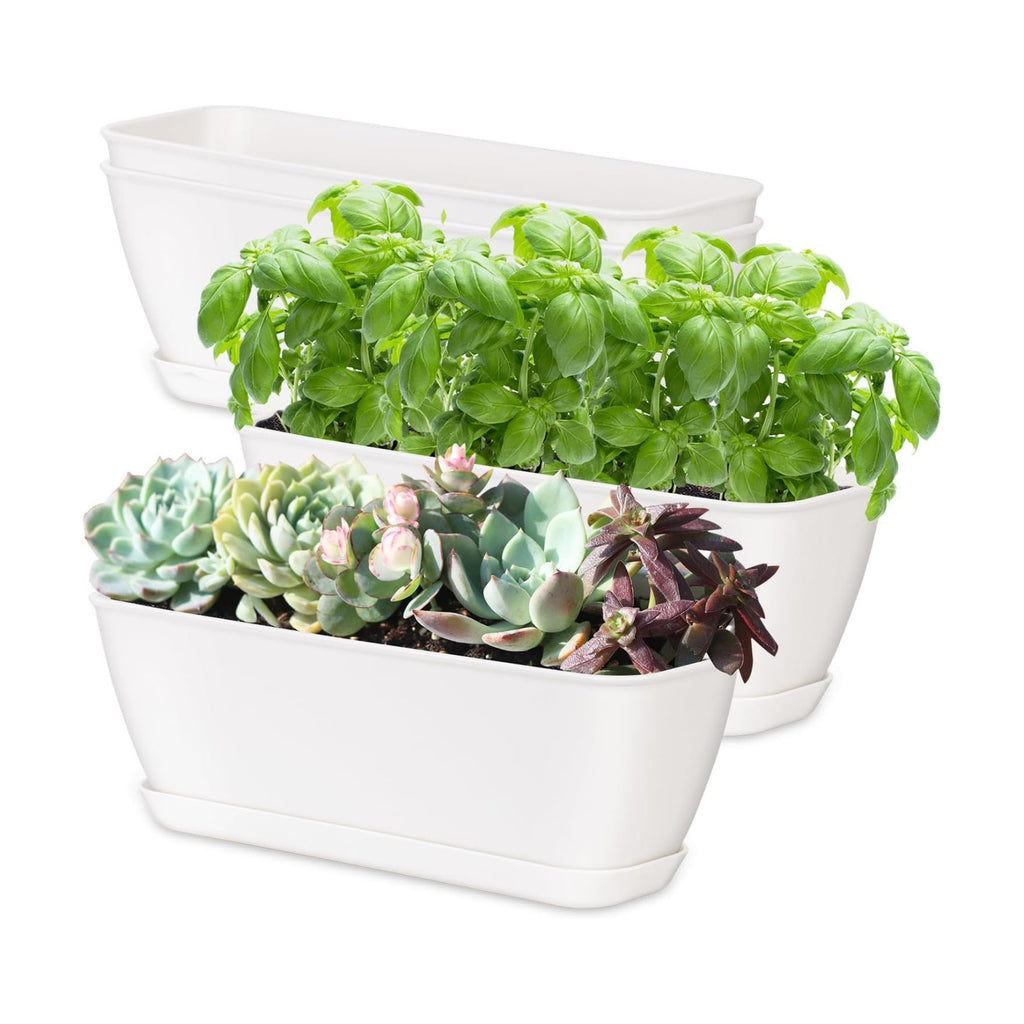 Oliz 4-Piece White Rectangular Window Sill Planters with Drainage Holes and Trays (11 Inches) for Basil, Orchids, and Succulents Modern Herb Garden Planters Suitable for Indoor/Outdoor Plants