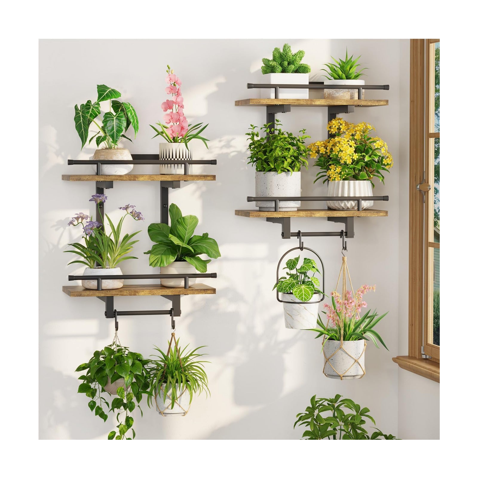 LASZOLA Floating Plant Shelves Holder Wall Mounted Indoor, 2 Pack Brown | 2 Tier Window Hangers Stand with Hooks, Metal