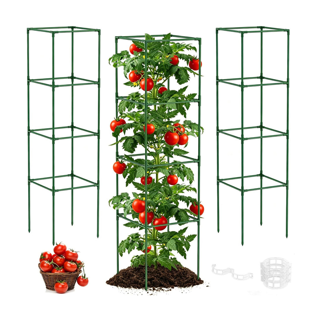 Unves 3 Pack Tomato Cage, 16" W x 66" H Tomato Trellis, with 50 Pcs Clips | Square Tomato Cage Support Frame, Suitable
