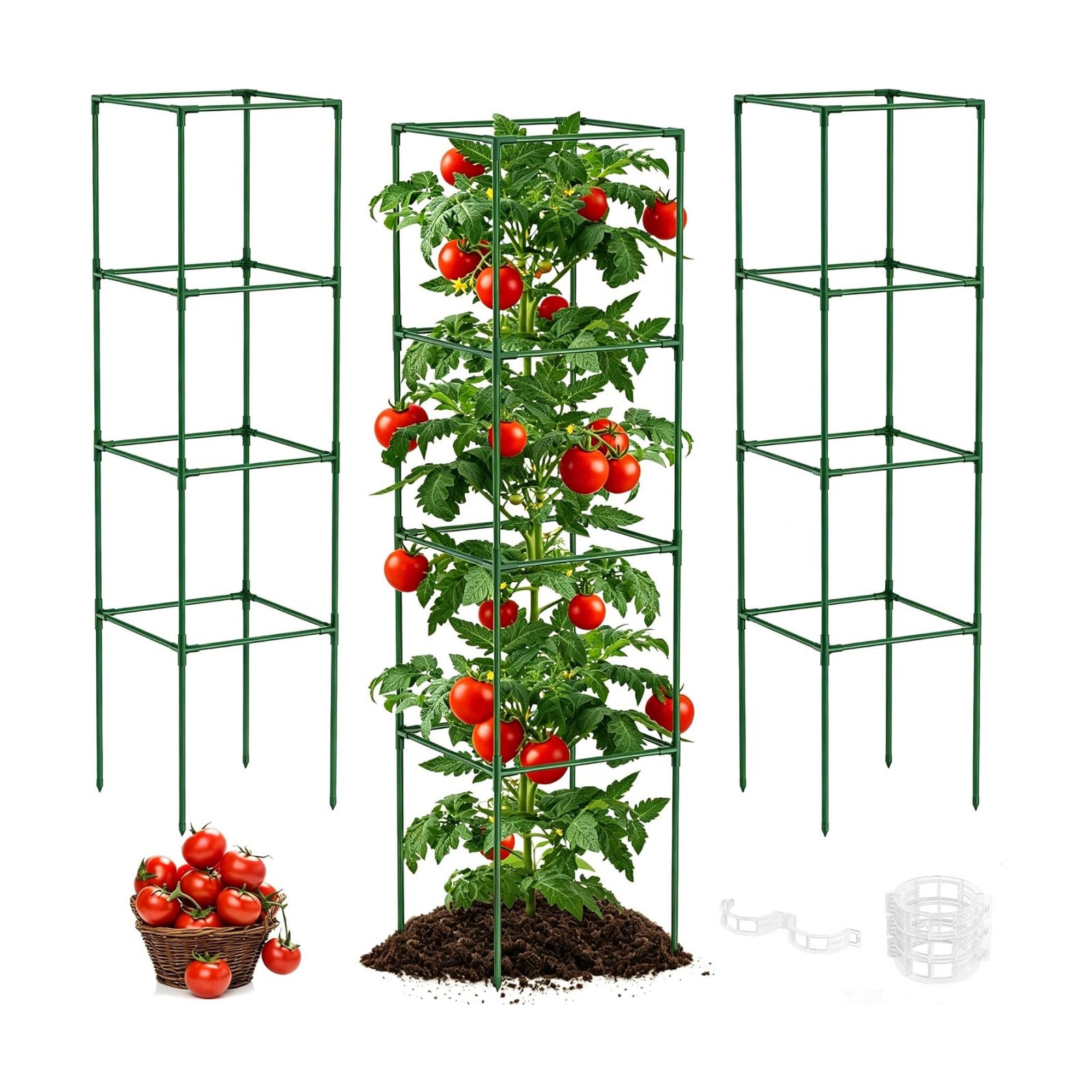 Unves 3 Pack Tomato Cage, 16" W x 66" H Tomato Trellis, with 50 Pcs Clips | Square Tomato Cage Support Frame, Suitable