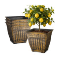 4-Pack 14 Inch Large Square Planters, Embossed Leaf Pattern, Antique Gold | Durable Plastic Plant Pots with Drainage &