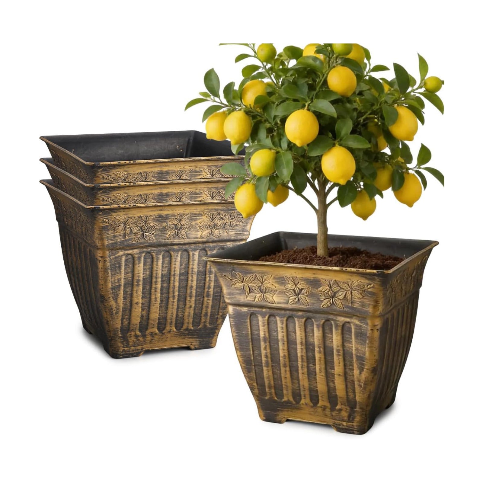 4-Pack 14 Inch Large Square Planters, Embossed Leaf Pattern, Antique Gold | Durable Plastic Plant Pots with Drainage &