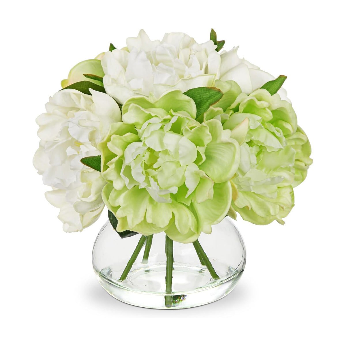 Hollyone White and Green Peonies Artificial Flowers with Vase Faux Flowers Peony Fake Flowers Silk Flower Arrangements in Glass Vase with Faux Water for Bathroom Table Centerpiece Shelf Home Decor