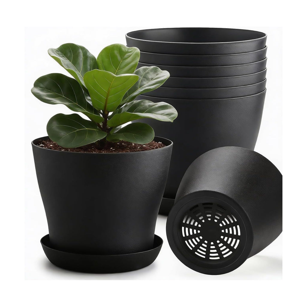 8inch Plant Pot with Large Drainage Holes &Saucer for Indoor Outdoor Plants | 6 Pack 8" Plastic Nursery Pots- Garden