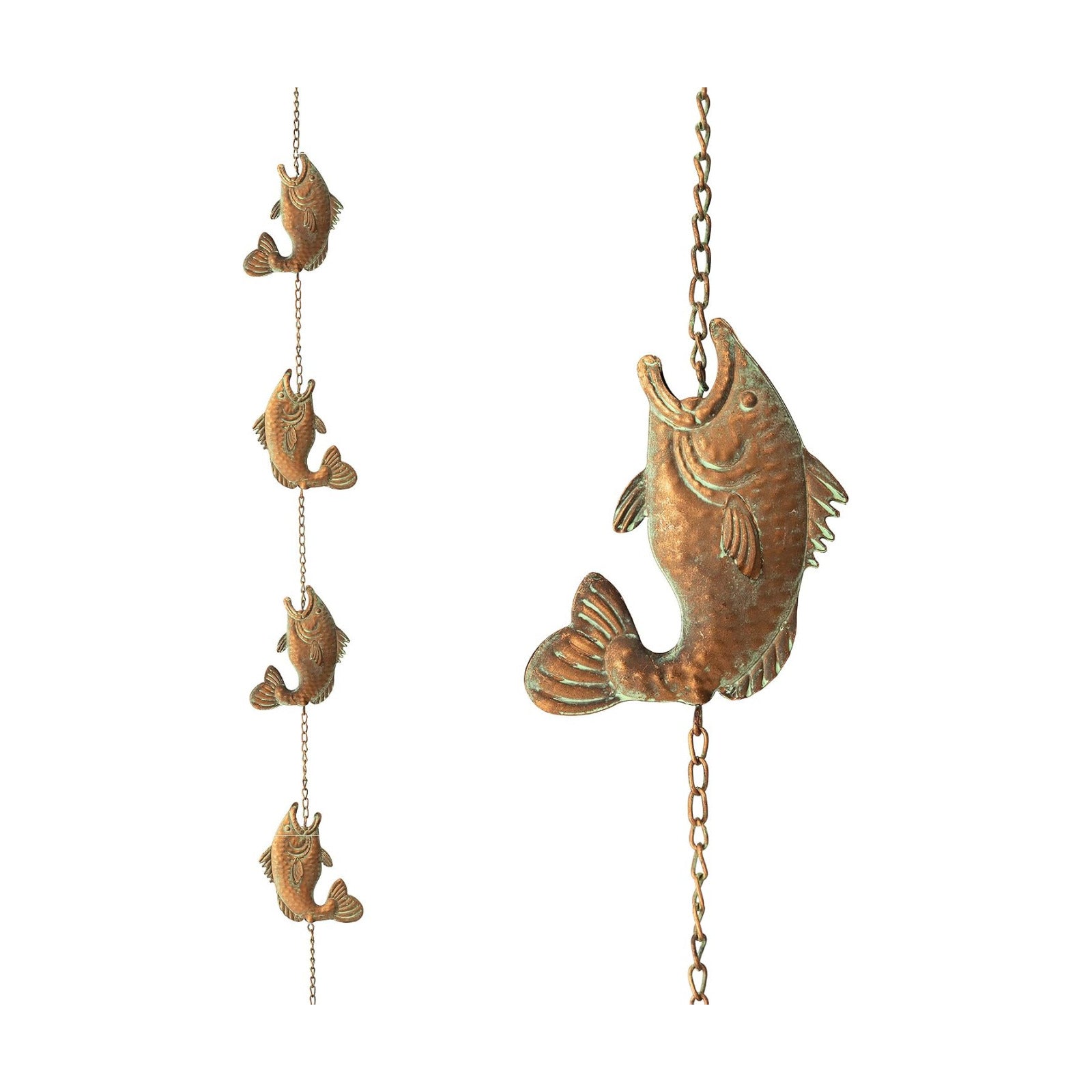 Glitzhome 8.5 FT Fish Shaped Rain Chains, Faux Copper Patina Finish Rain Chains for Gutters with 9 Fish, Adjustable