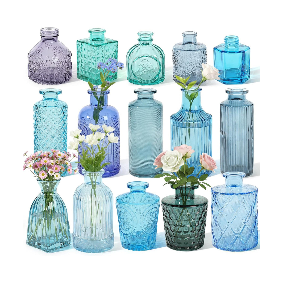 Set of 15 Blue Glass Bud Vases Small Textured Flower Vases