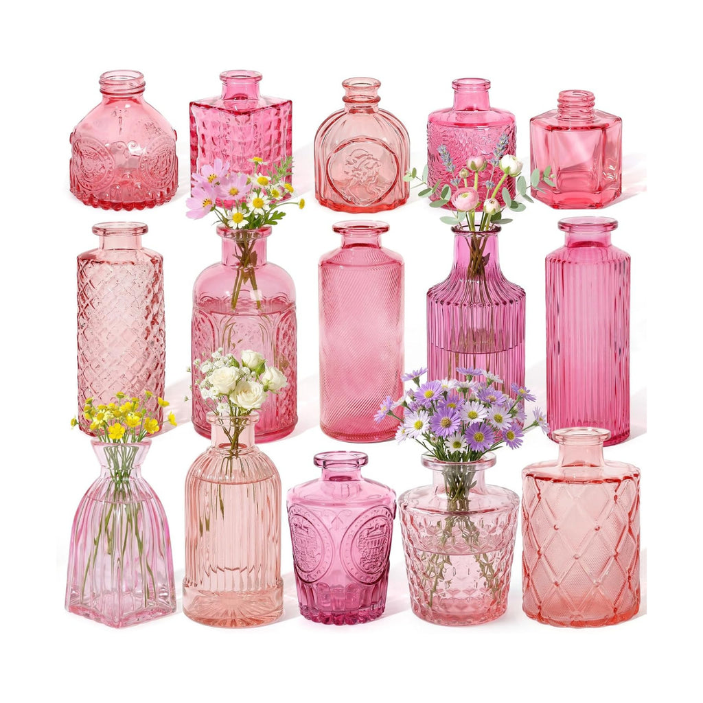 Set of 15 Pink Glass Bud Vases Small Textured Flower Vases