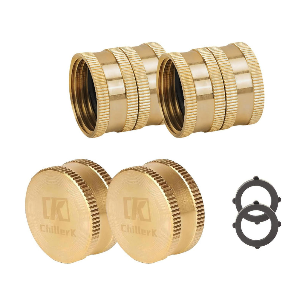 Brass Garden Hose End Plug Caps With Washers, 2 Pack 3/4” Female End Caps + 2 Pack 3/4 Female to Female With 2 Washers, Brass Spigot Cap.
