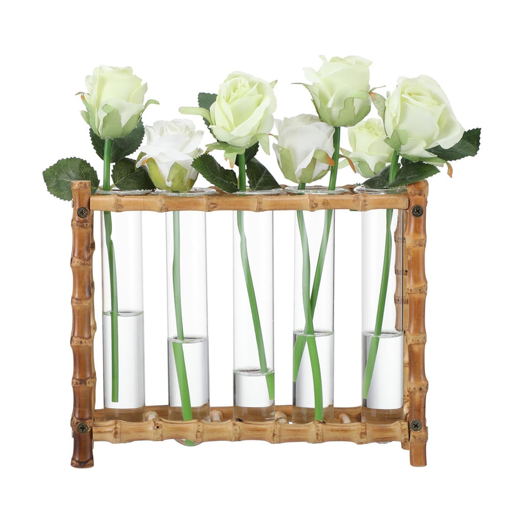 Natural Bamboo Vase with 5 Glass Tubes, Plant Propagation Station with Test Tube, Hydroponic Plants Cutting, Modern Art