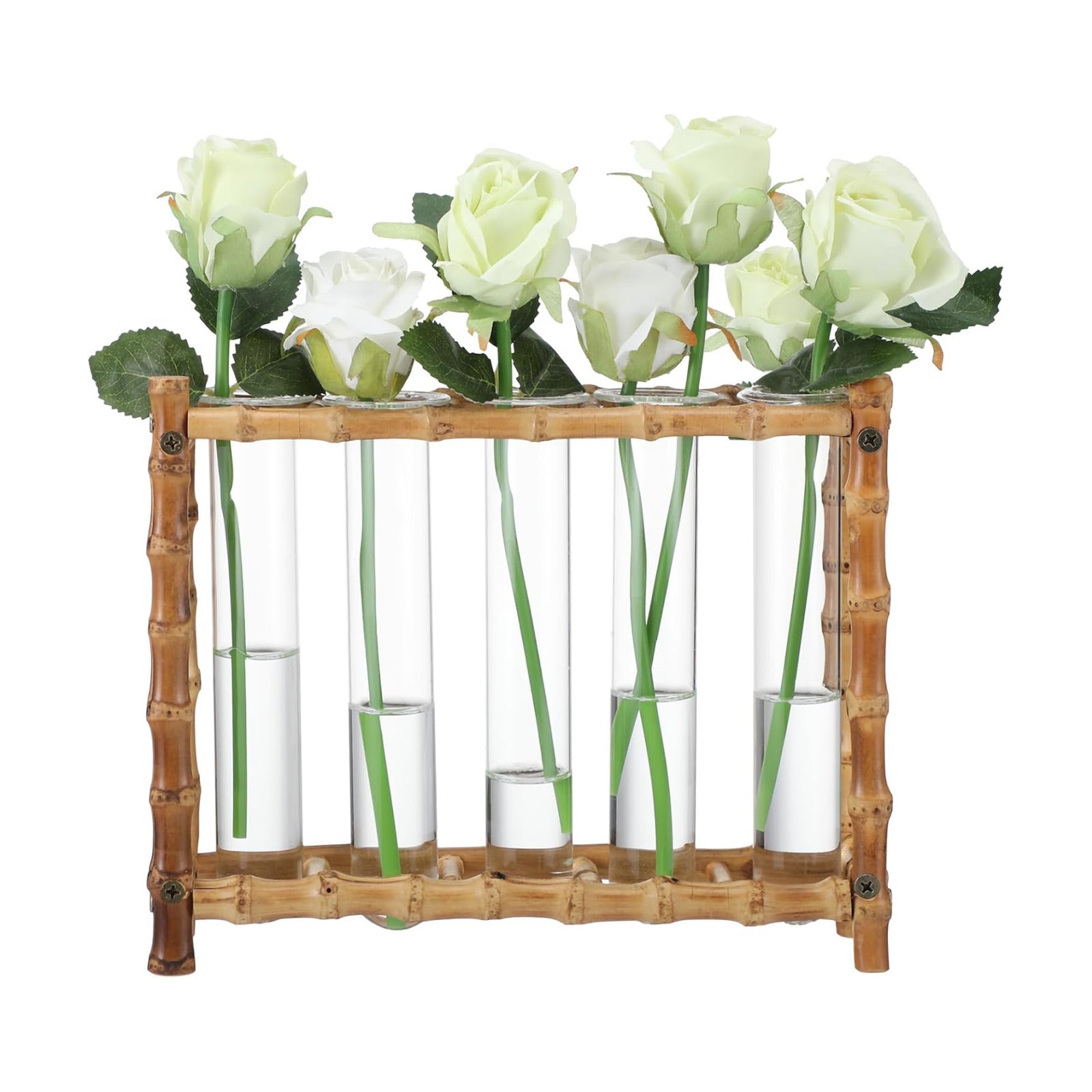 Natural Bamboo Vase with 5 Glass Tubes, Plant Propagation Station with Test Tube, Hydroponic Plants Cutting, Modern Art