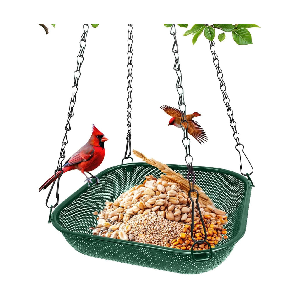 Hanging Platform Bird Feeder for Outdoors, 11 in Square Tray, Green