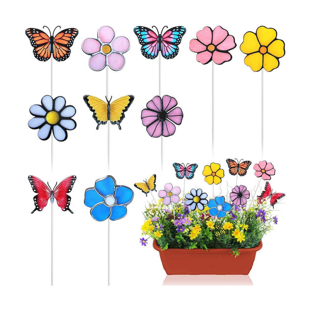10 Pcs Metal Flower Garden Stake for Outside Outdoor 11.8" 5D Summer Flowers Butterfly Metal Sign Waterproof Decoration Landscape Ornament for Lawn Yard Garden Patio Porch Art