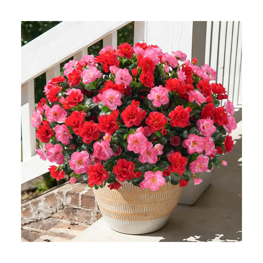 Artificial Faux Outdoor Flowers Plants for Spring Summer Decoration, Fake Silk Camellia UV Resistant Look Real for Planter Outside Front Door Porch Patio Balcony, 3 Large Bundles (Melon Red+Red)