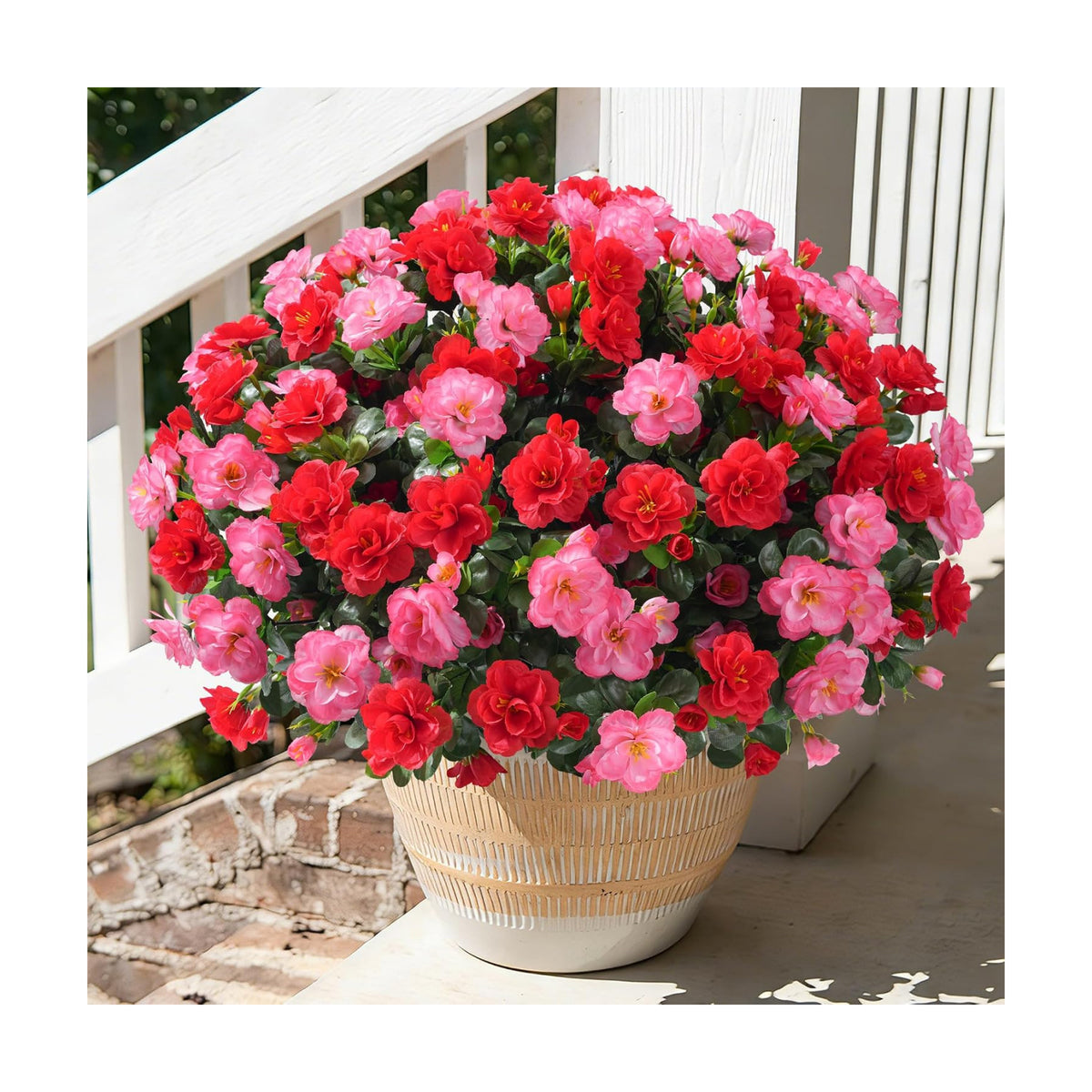 Artificial Faux Outdoor Flowers Plants for Spring Summer Decoration, Fake Silk Camellia UV Resistant Look Real for Planter Outside Front Door Porch Patio Balcony, 3 Large Bundles (Melon Red+Red)