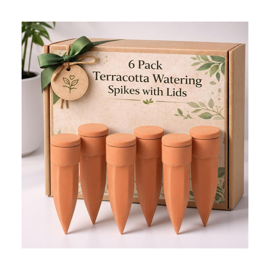 Honeydak 6pcs Medium Terracotta Watering Spikes with Lids 5'' Automatic Plant Waterer Self Watering Stake Planter