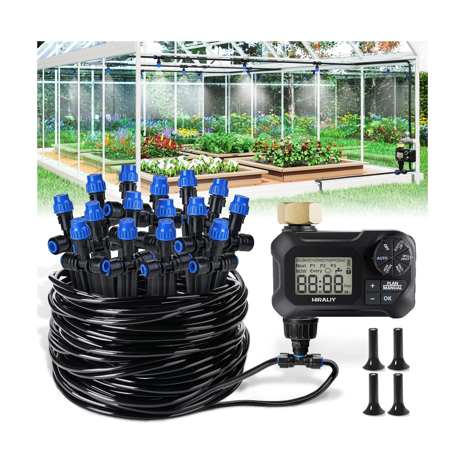 HIRALIY 59FT Drip Irrigation Kit with Water Timer, Quick-Connect | Garden Watering System with 15 Adjustable Misting