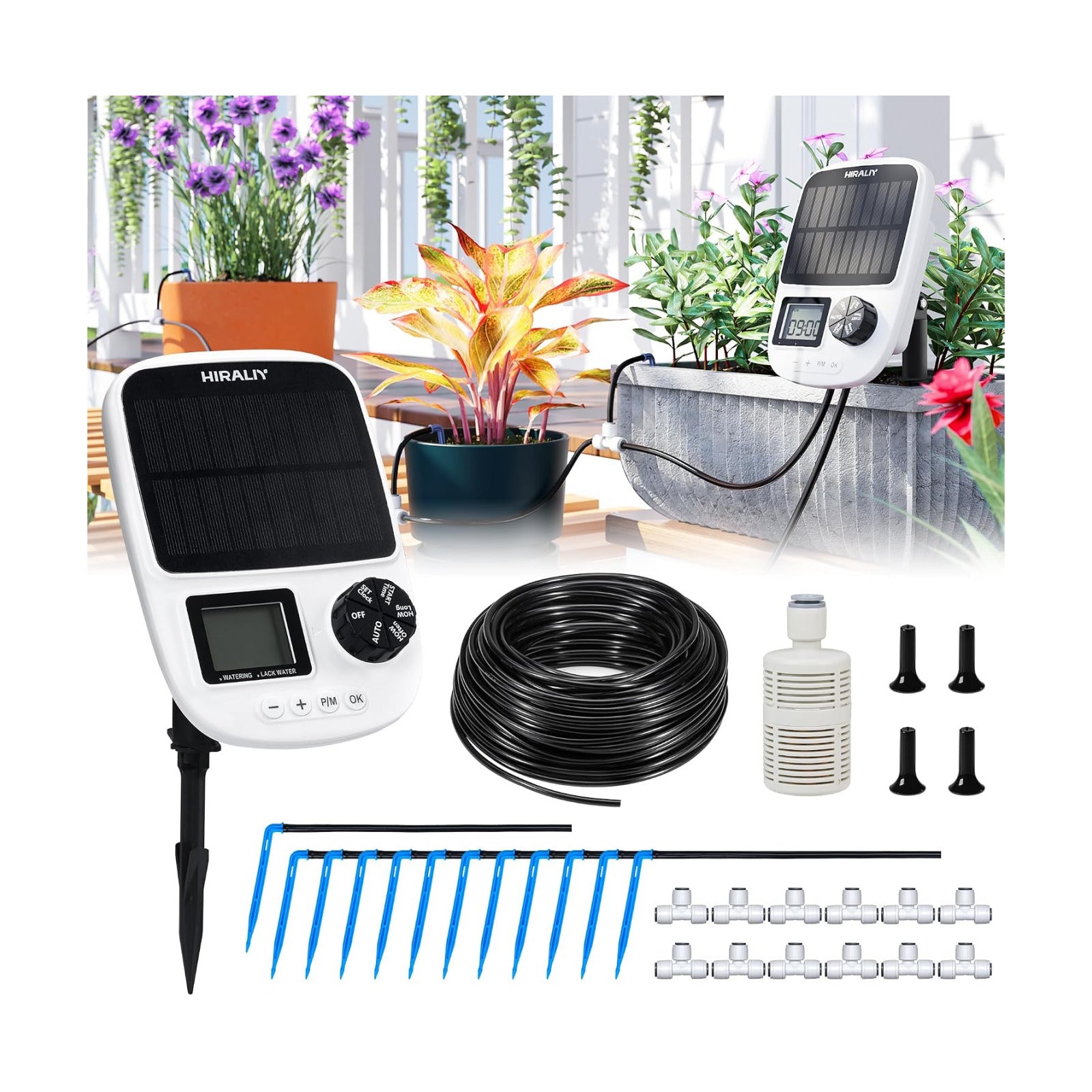 HIRALIY Solar Drip Irrigation System with Timer, Automatic Plant Watering | USB Backup, 12 Drip Emitter Stakes, 40FT