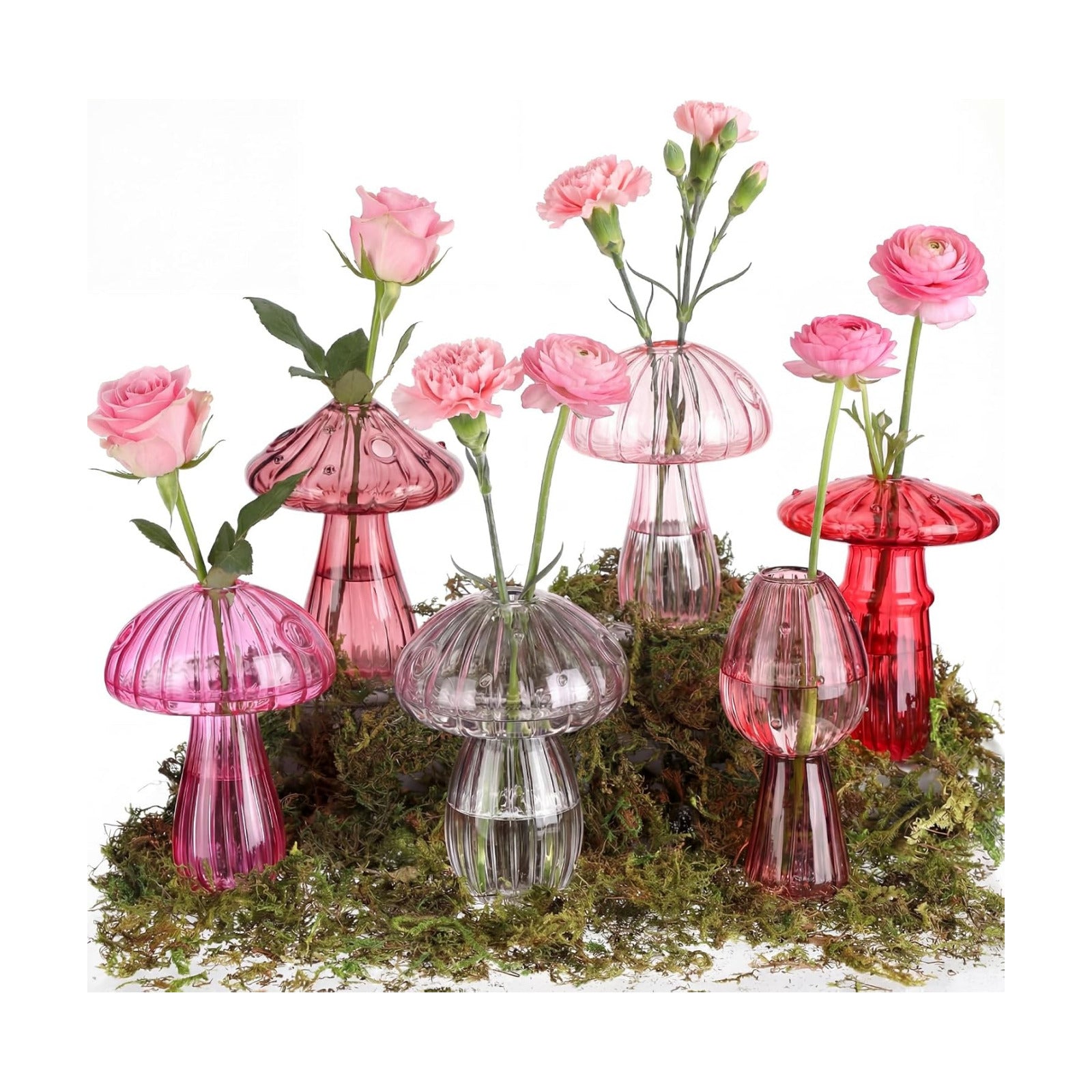 7 Pcs Glass Mushroom Vase Propagation Station with Hydroponic Plant and Artificial Fake Moss 6 Colored Plant Vase Table