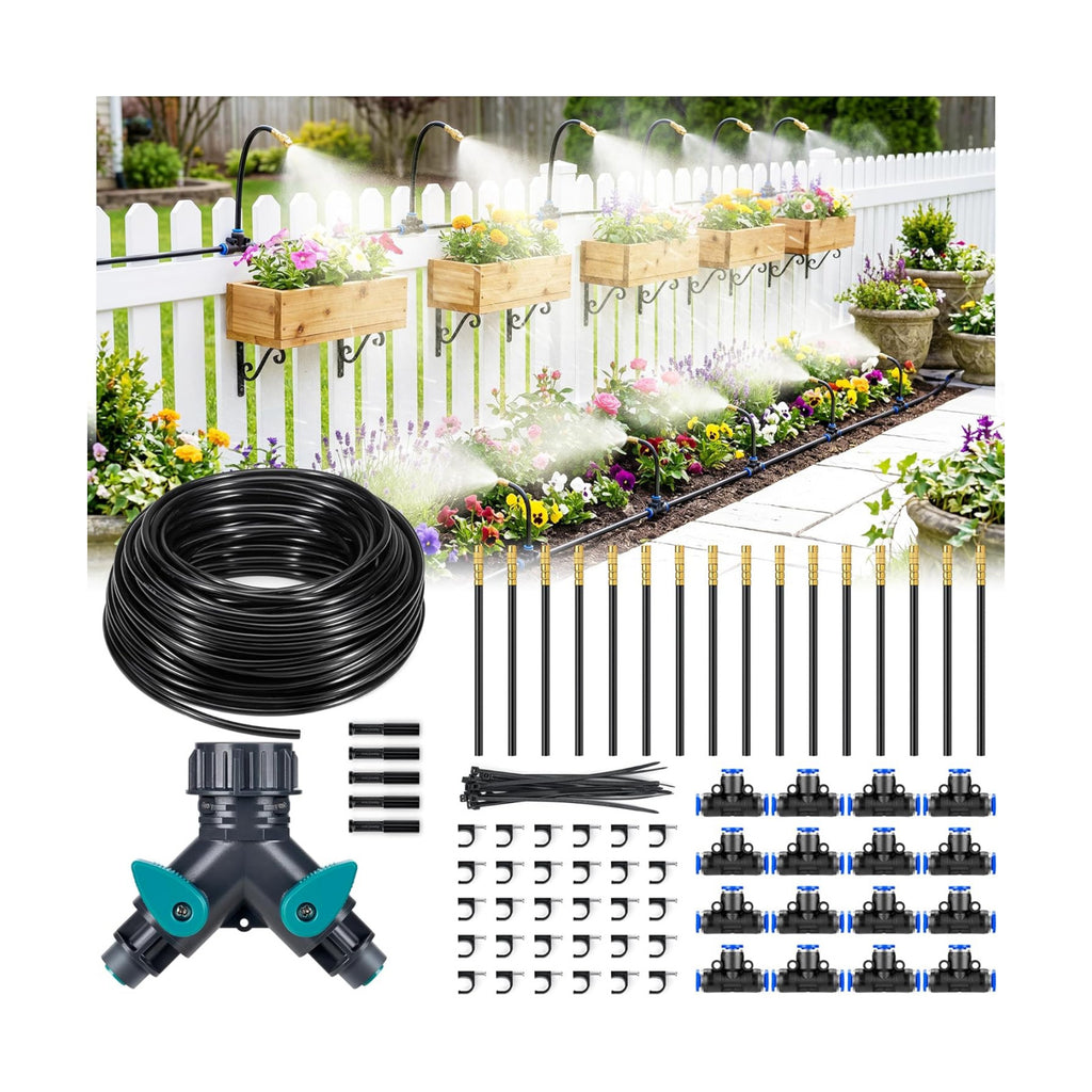 HIRALIY 100FT Misting Irrigation Kit | Quick-connect watering system with 16 adjustable 360° mist nozzles for raised