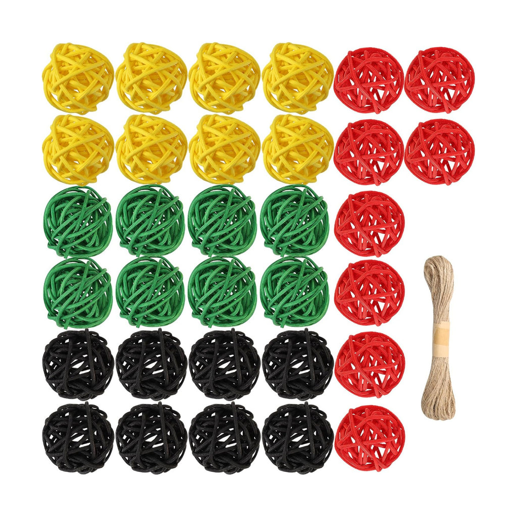 Lucleag 32Pcs Black Red Green Yellow Natural Rattan Balls Ornament Vase Filler, African American Wicker Hanging Decor for Black History Month Juneteenth Kwanzaa Tree Home Table Decor Party Supplies