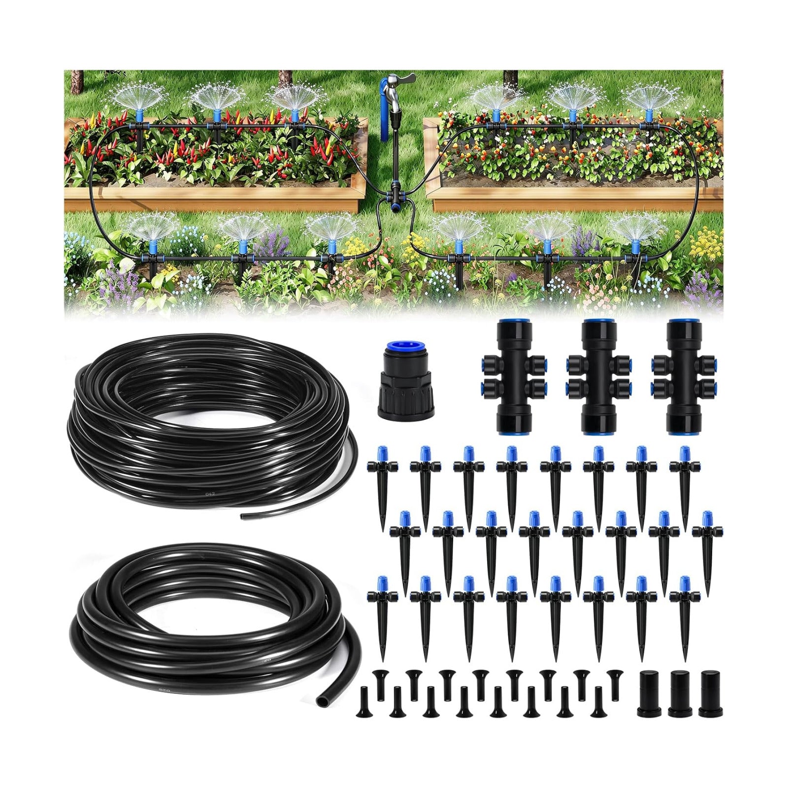 HIRALIY 140FT Quick-Connect Drip Irrigation Kit for Large Gardens | Garden watering system with 120FT tubing, 20FT main