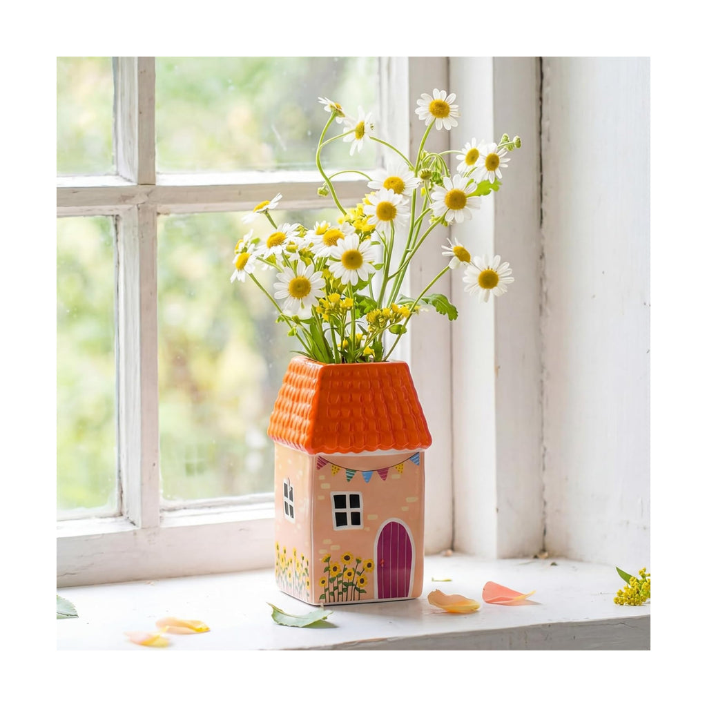 Remerry Mini Ceramic House Shape Vase Decorative Small Bud Vases, Orange