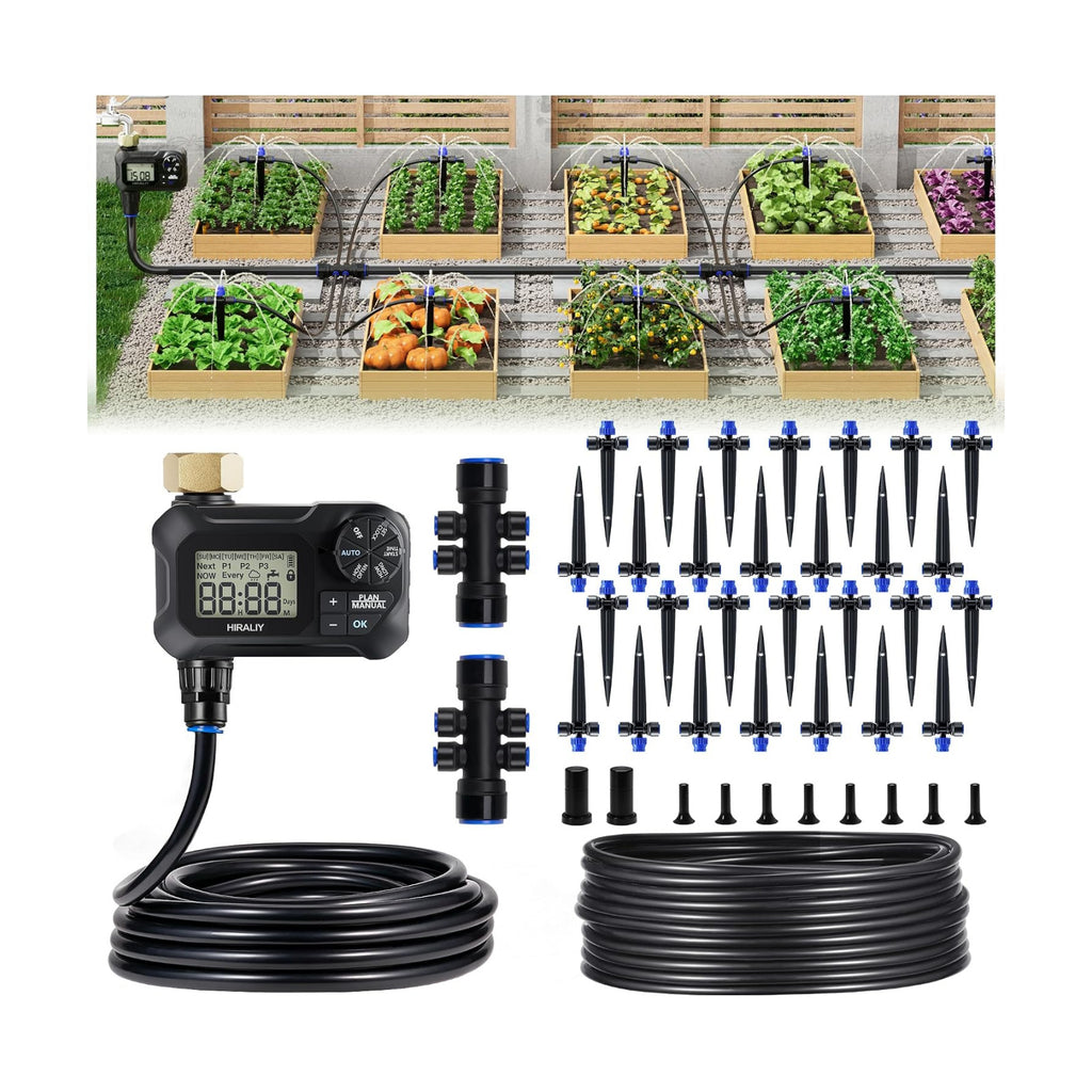 HIRALIY 100FT Automatic Drip Irrigation Kit with Timer | Automatic watering system with quick-connect design, 80FT 1/4"