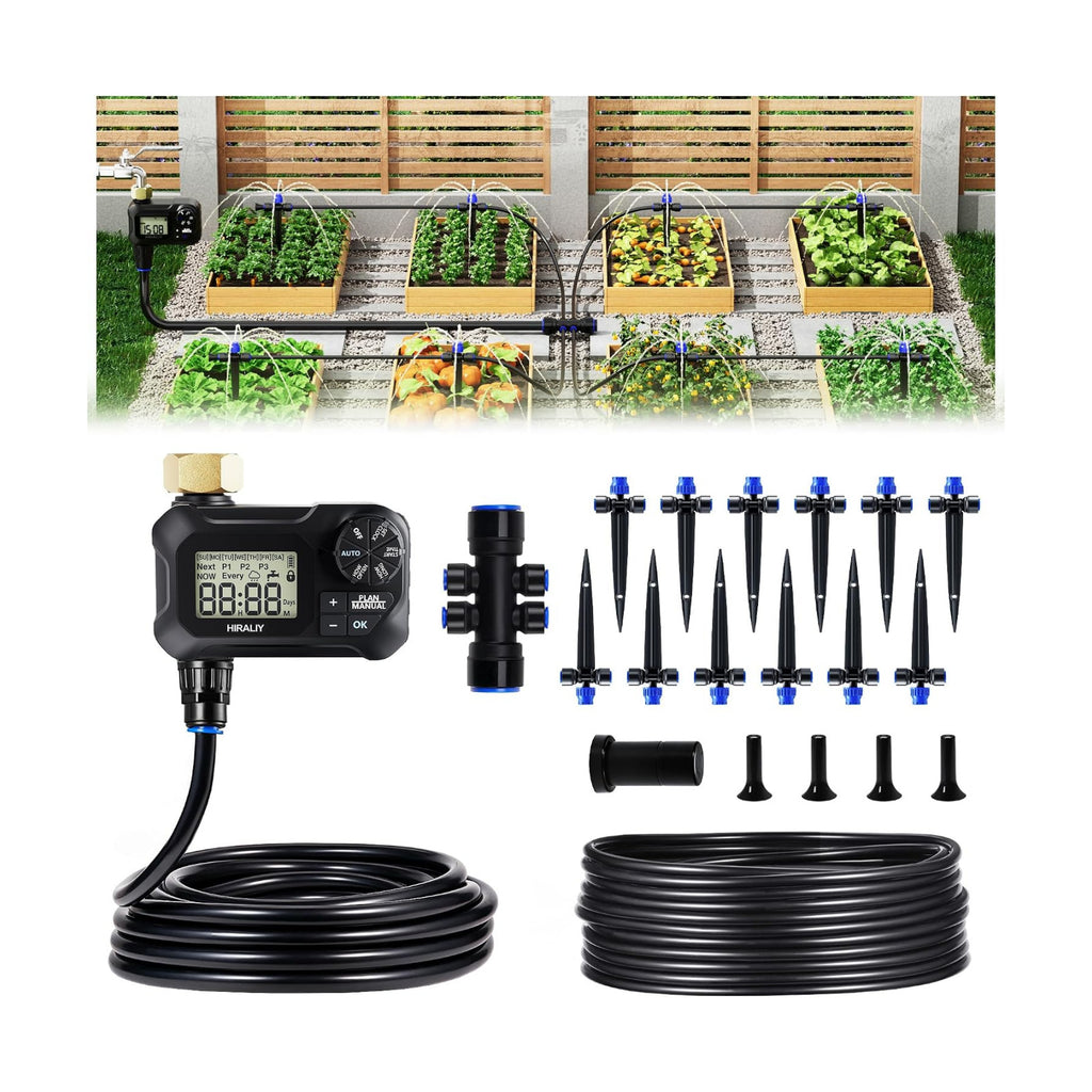 HIRALIY 50FT Automatic Drip Irrigation Kit with Timer | Quick-connect garden watering system with 40FT tubing, 10FT