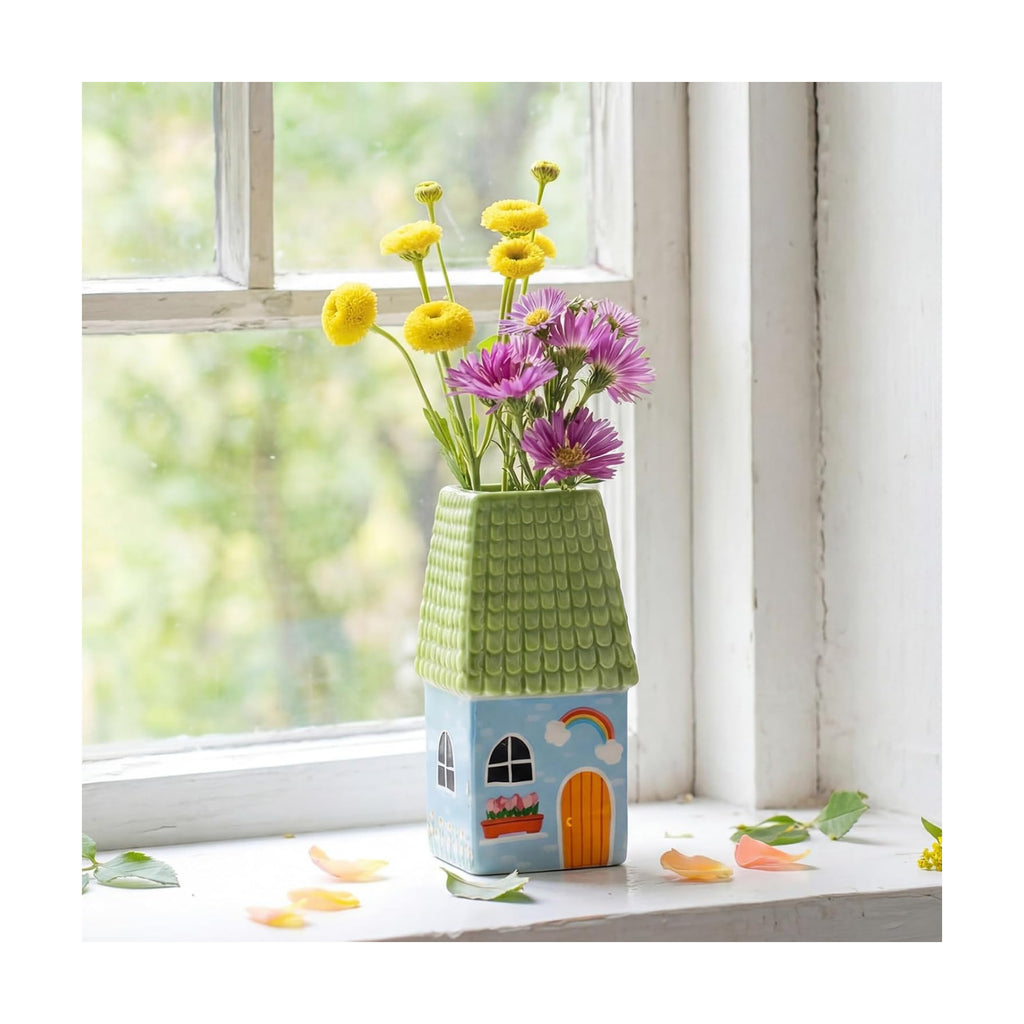 Remerry Mini Ceramic House Shape Vase Decorative Small Bud Vases, Green