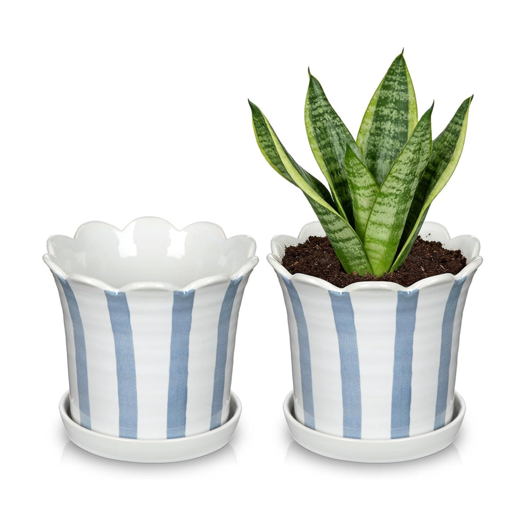 Ceramic Plant Pots, 5.8 Inch Planter Pot with Drainage Hole and Sauser, Stripe Ceramic Planters with Floral Edge for