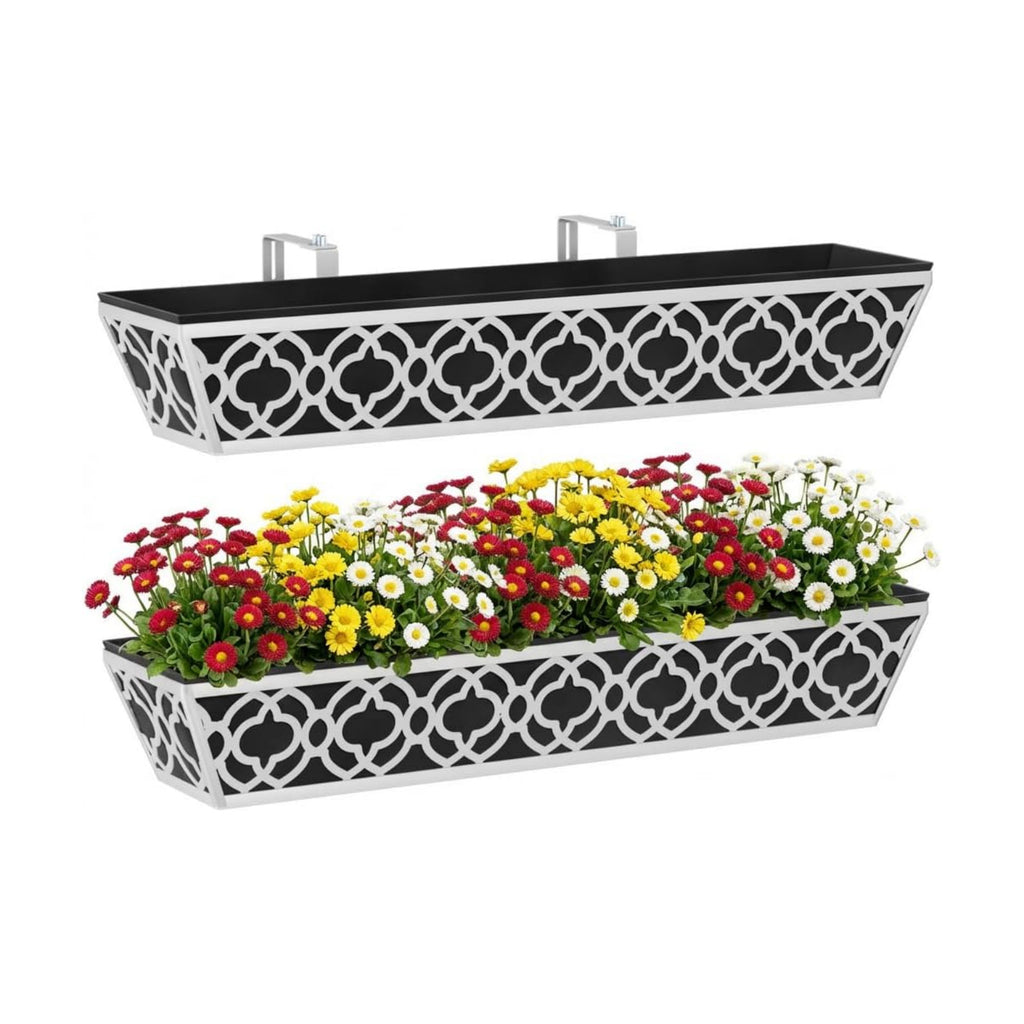 Y&M 30'' Hanging Railing Planter Box Set with Black Non-Woven Fabric Liner, 2 Pcs Large Metal Flower Boxes with