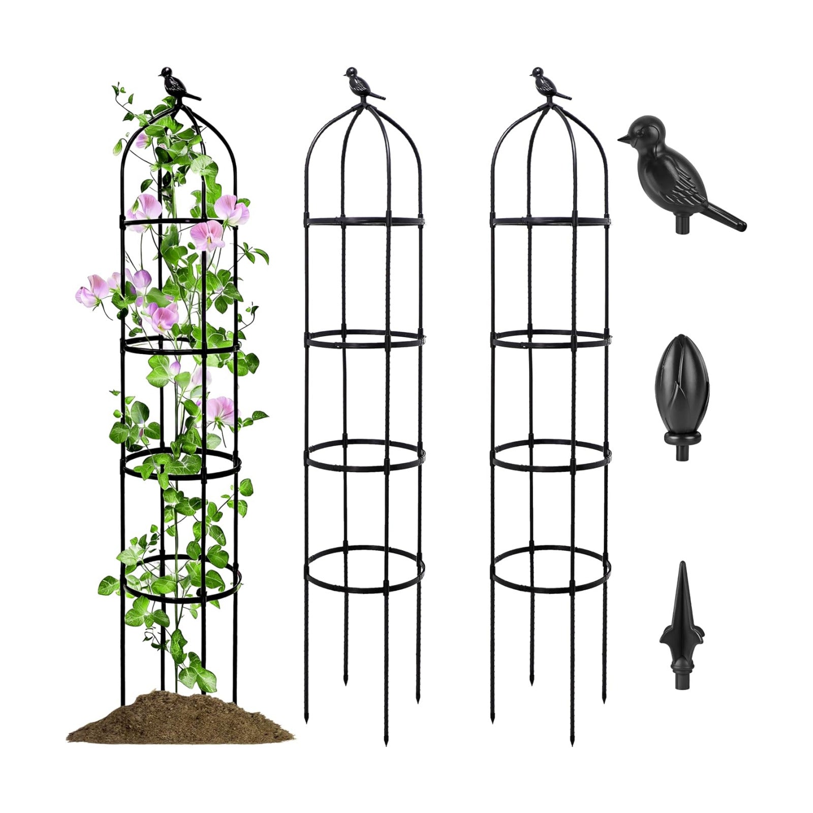 2 Pack Garden Obelisk Trellis for Climbing Plants Outdoor, 6FT Adjustable Metal Plant Support with 3 Decorative Tops