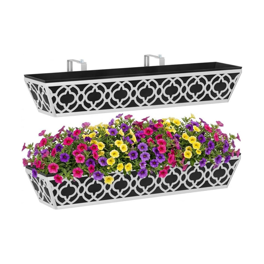 Y&M 30'' Metal Railing Planter Box Set with Black Non-Woven Fabric Liner, Flower Boxes with Adjustable Brackets, 2 Pcs