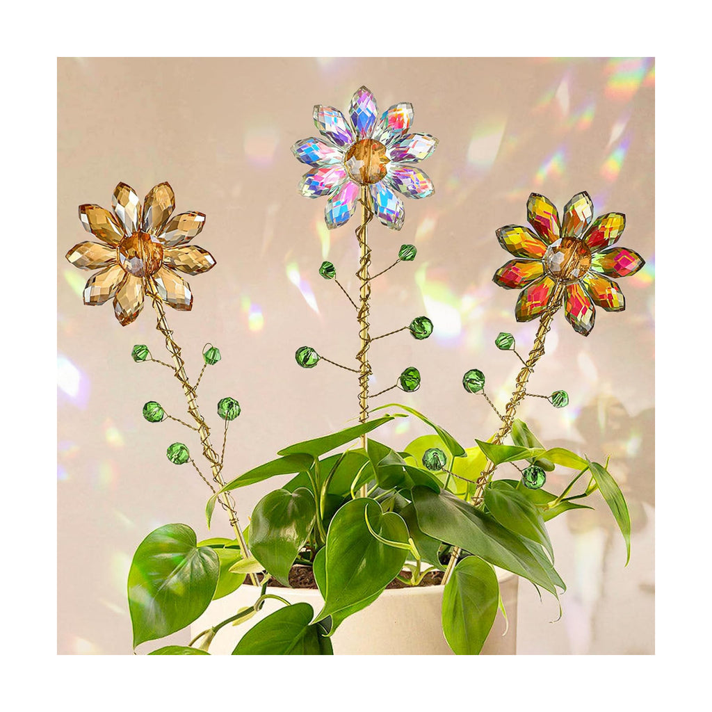 3Pcs Crystal Sunflower Suncatchers Glass Plant Suncatcher with Metal Stake