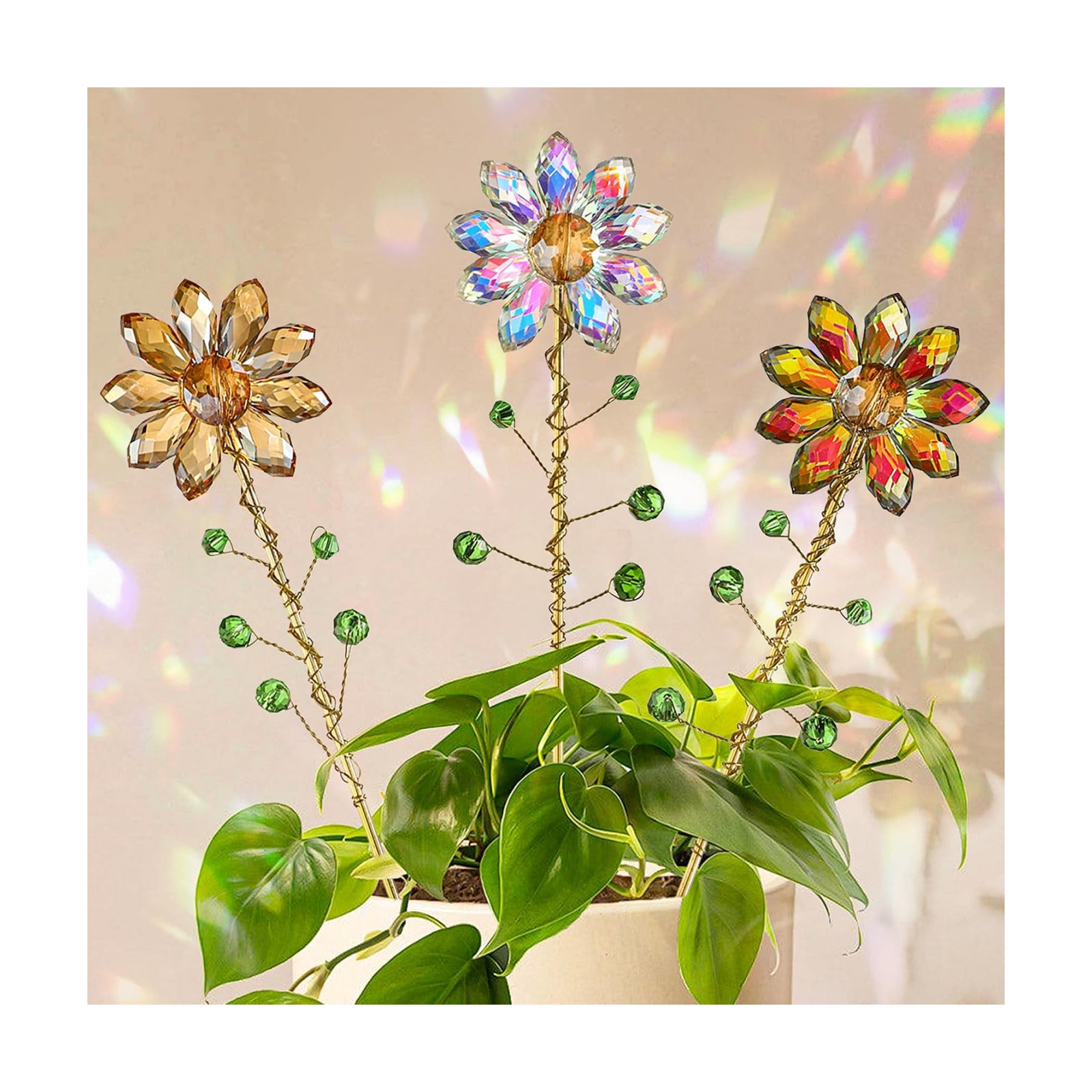 3Pcs Crystal Sunflower Suncatchers Glass Plant Suncatcher with Metal Stake
