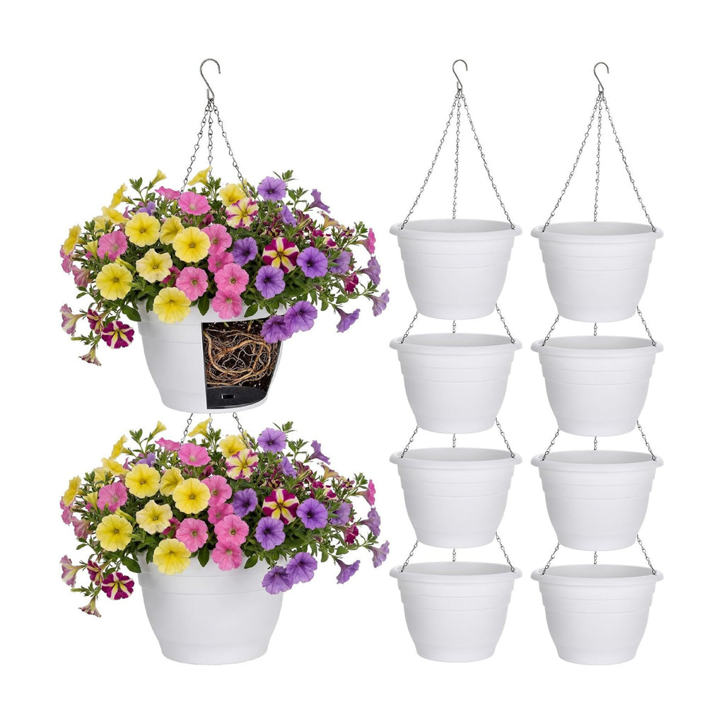 10 Pack 11 Inch Plastic Hanging Planter Bulk White Hanging Baskets for Plants with Drainage Trays Self Watering Plant