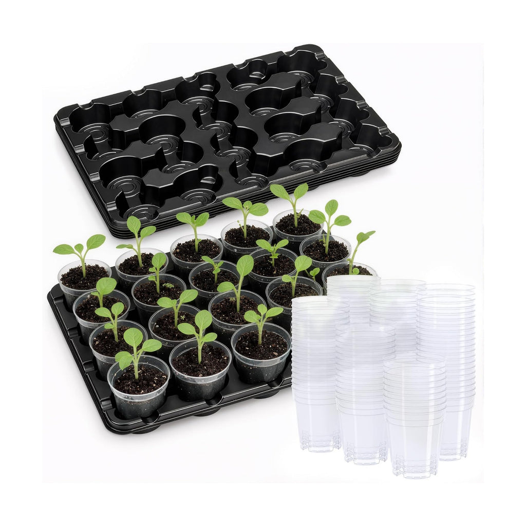 5 Pack 20 Cell Seed Starter Trays with 100 Clear 3 Inch Plant Pots | Reinforced trays and clear pots with drainage