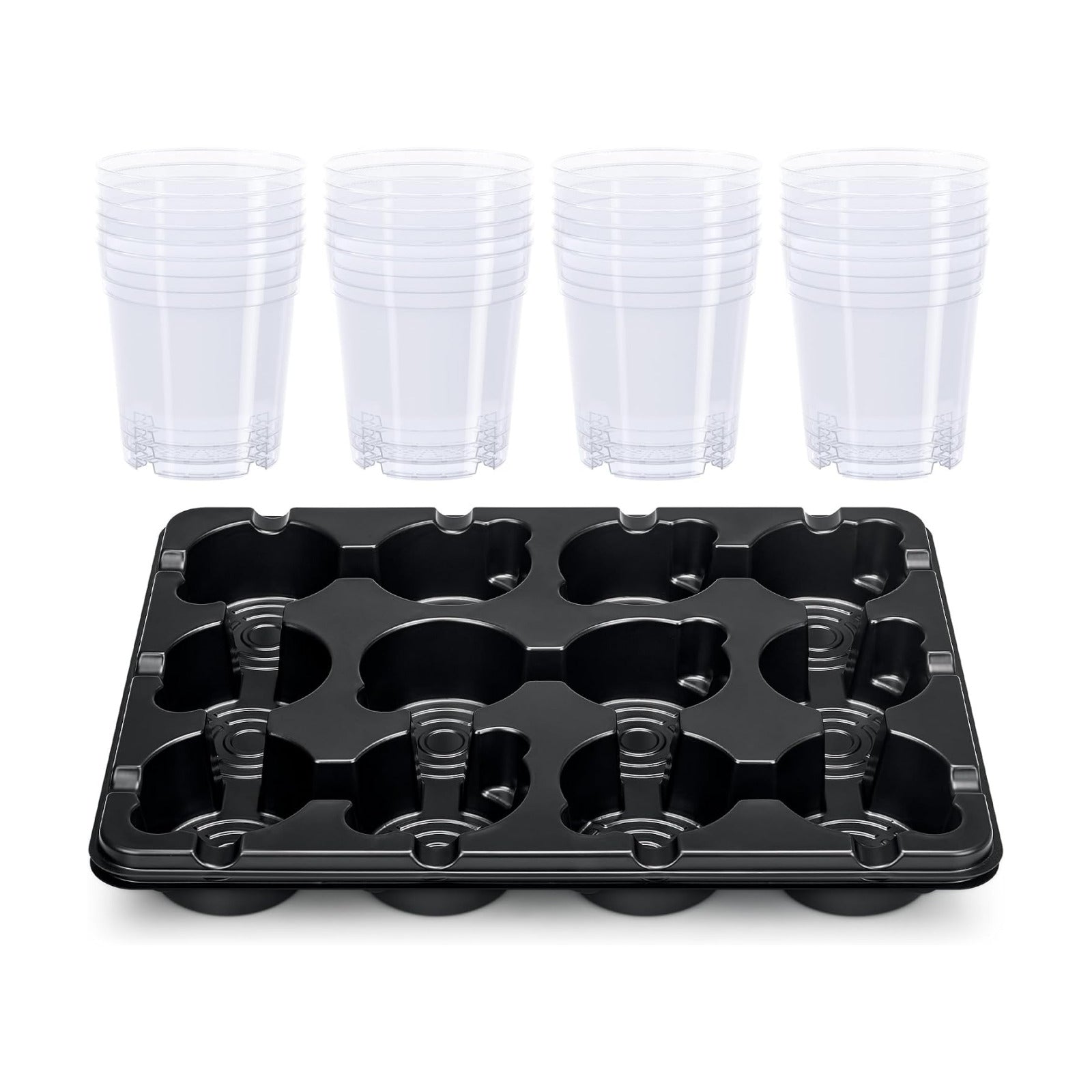 2 Pack 12 Cell Seed Starter Trays with 24 Clear 4 Inch Plant Pots | Reinforced trays securely hold clear pots with